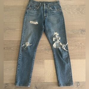 Levis 501 S Skinny Filiforme High Rise Button Fly Distressed Blue Denim Jeans
